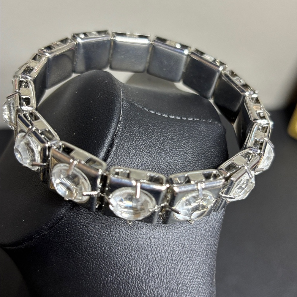 Silver Tone Bangle Bracelet with Clear Gemstones - Picture 2 of 6
